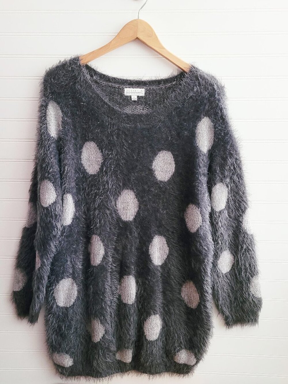 Joseph A. Sweater Womens XL Gray and Cream Dot Fuzzy Eyelash Cozy Scoop Neck